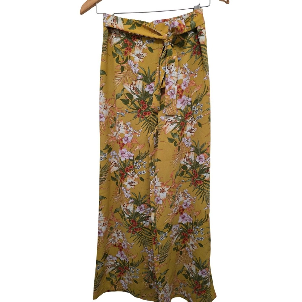 E&M Yellow Boho Fairy Floral High-Waisted Wide Leg Elastic Waist Pants S Polye